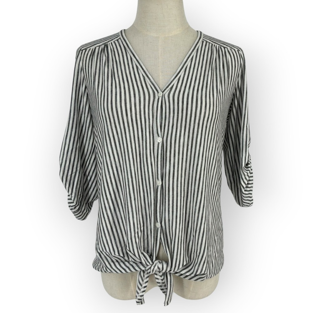 Max Studio Black White Striped Tie Front Roll Tab Sleeve‎ Blouse Small 9705S70